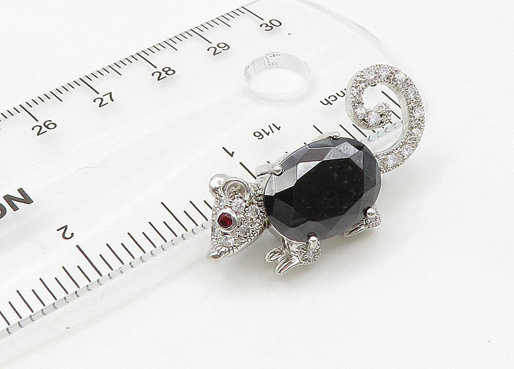 925 Silver  Vintage Hematite Cubic Zirconia & Garnet Mouse Brooch Pin  BP8406