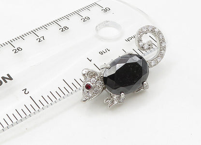 925 Silver  Vintage Hematite Cubic Zirconia & Garnet Mouse Brooch Pin  BP8406