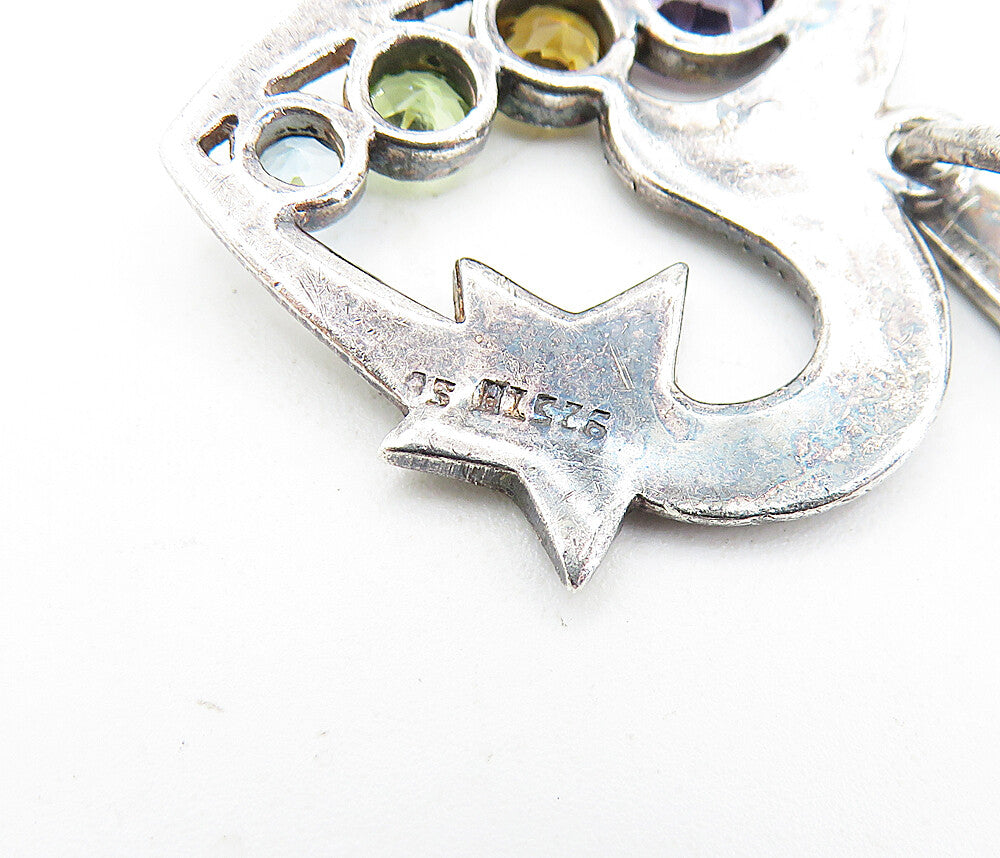 925 Sterling Silver Vintage Multi Gemstone Love Heart Star Pendant PT4841
