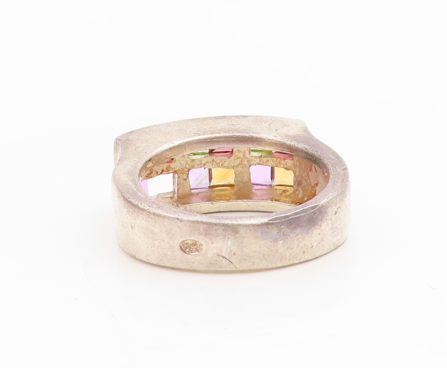 925 Sterling Silver Vintage Ring Multi Gemstone Geometric Band  Sz 7.5  RG34828