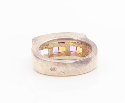 925 Sterling Silver Vintage Ring Multi Gemstone Geometric Band  Sz 7.5  RG34828