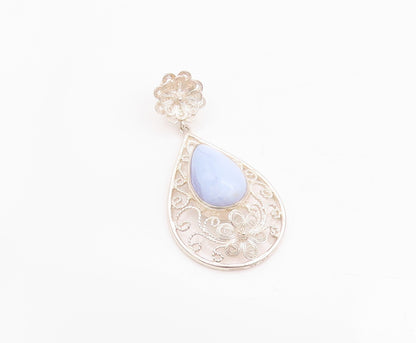 925 Sterling Silver Vintage Pendant Drop Shape Gemstone Swirly Wire Work PT24354