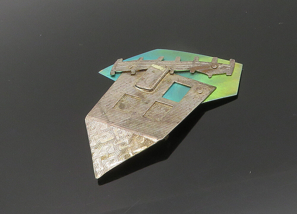 925 Sterling Silver  Vintage Modernist House & Fence Brooch Pin  BP8601