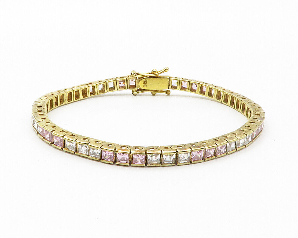 925 Silver  Pink & White Cubic Zirconia Gold Plated Chain Bracelet  BT5450