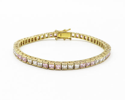 925 Silver  Pink & White Cubic Zirconia Gold Plated Chain Bracelet  BT5450
