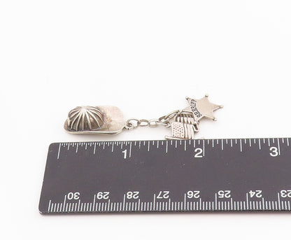 925 Sterling Silver Vintage Pendant Sheriff Badge Hat & US Flag Dangle   PT25178