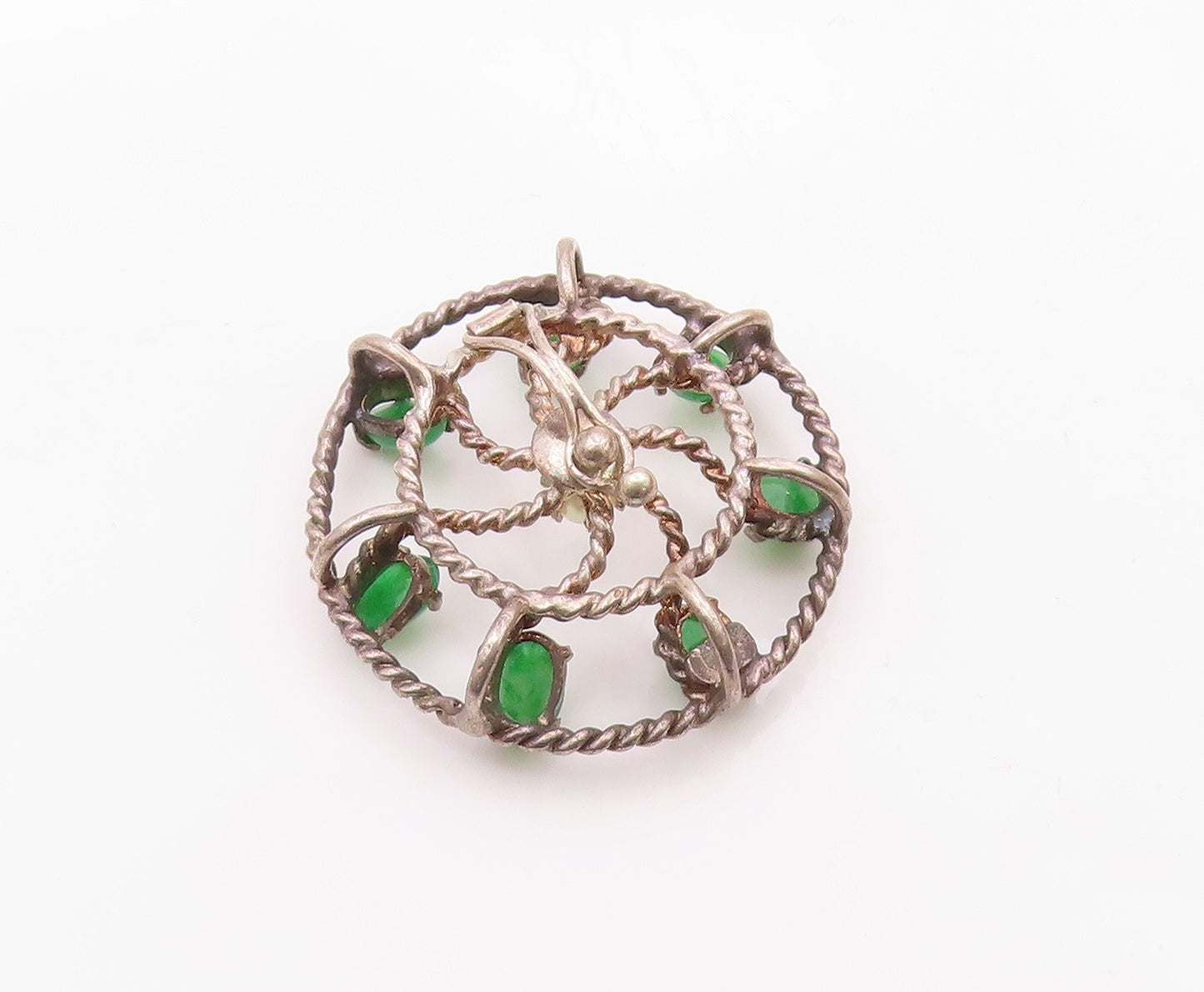 925 Sterling Silver  Vintage Emerald & Pearl Twist Wheel Pendant  PT10922