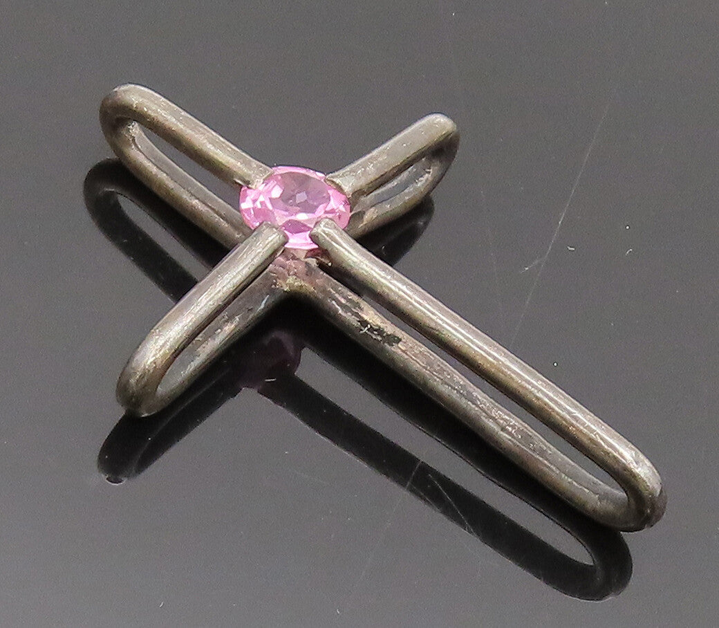 MEXICO 925 Sterling Silver  Vintage Solid Cross With Pink CZ Pendant  PT22303