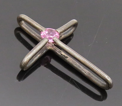 MEXICO 925 Sterling Silver  Vintage Solid Cross With Pink CZ Pendant  PT22303