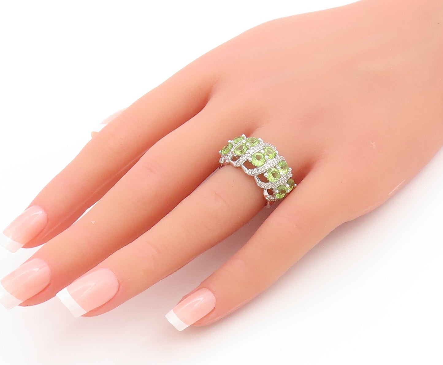 925 Sterling Silver Vintage Ring Round Peridot & CZ Crossover Band Sz 6 RG33734
