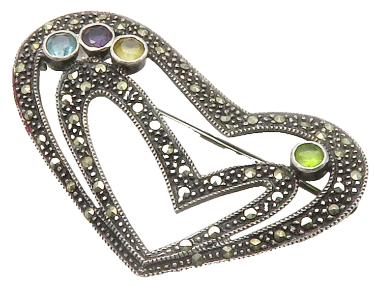 925 Sterling Silver  Vintage Amethyst Topaz & Peridot Heart Brooch Pin  BP5833