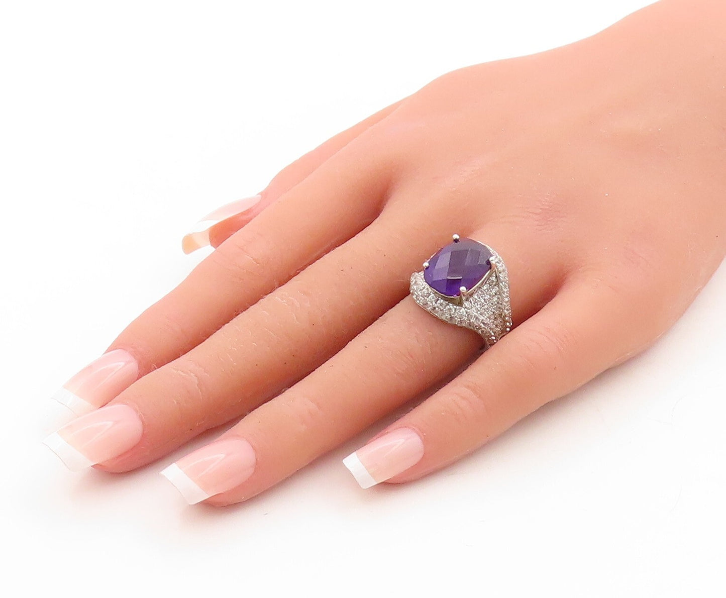 925 Sterling Silver Vintage Ring Designer Oval Amethyst & Topaz  Sz  7  RG31575