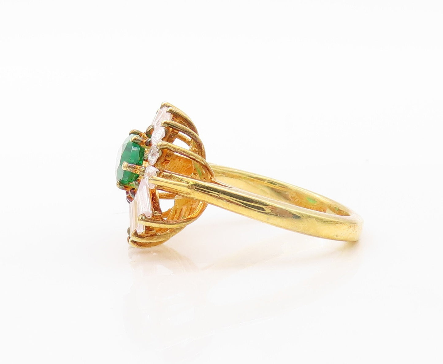 925 Sterling Silver Vintage Ring Gold Plated Green White CZ Flower  Sz 6 RG30805