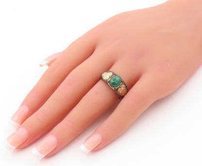 12k Gold 925 Sterling Silver Vintage Ring Oval Malachite Flowers  Sz 9  RG31915
