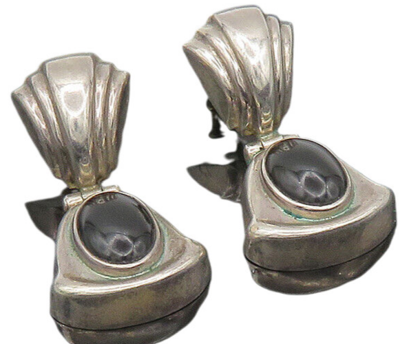 MEXICO 925 Sterling Silver  Vintage Cabochon Black Onyx Drop Earrings  EG10508