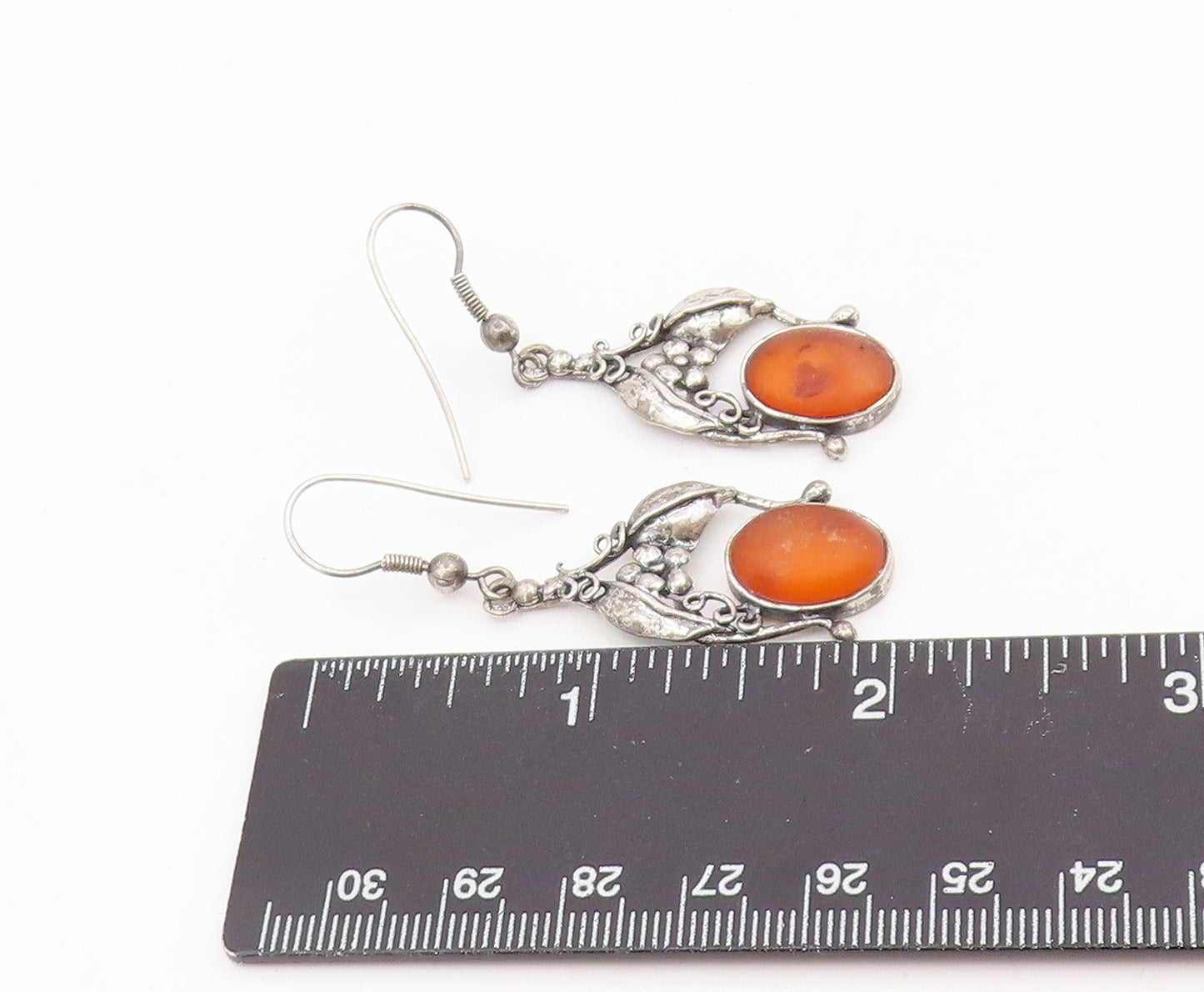 925 Sterling Silver Vintage Earrings POLAND Amber Floral Motif Dangles  EG14171