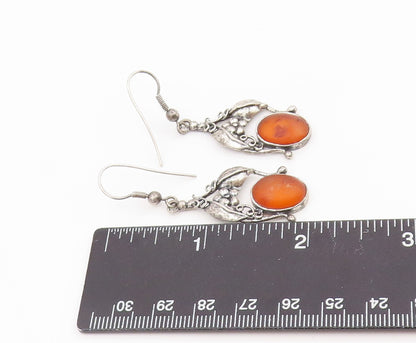 925 Sterling Silver Vintage Earrings POLAND Amber Floral Motif Dangles  EG14171