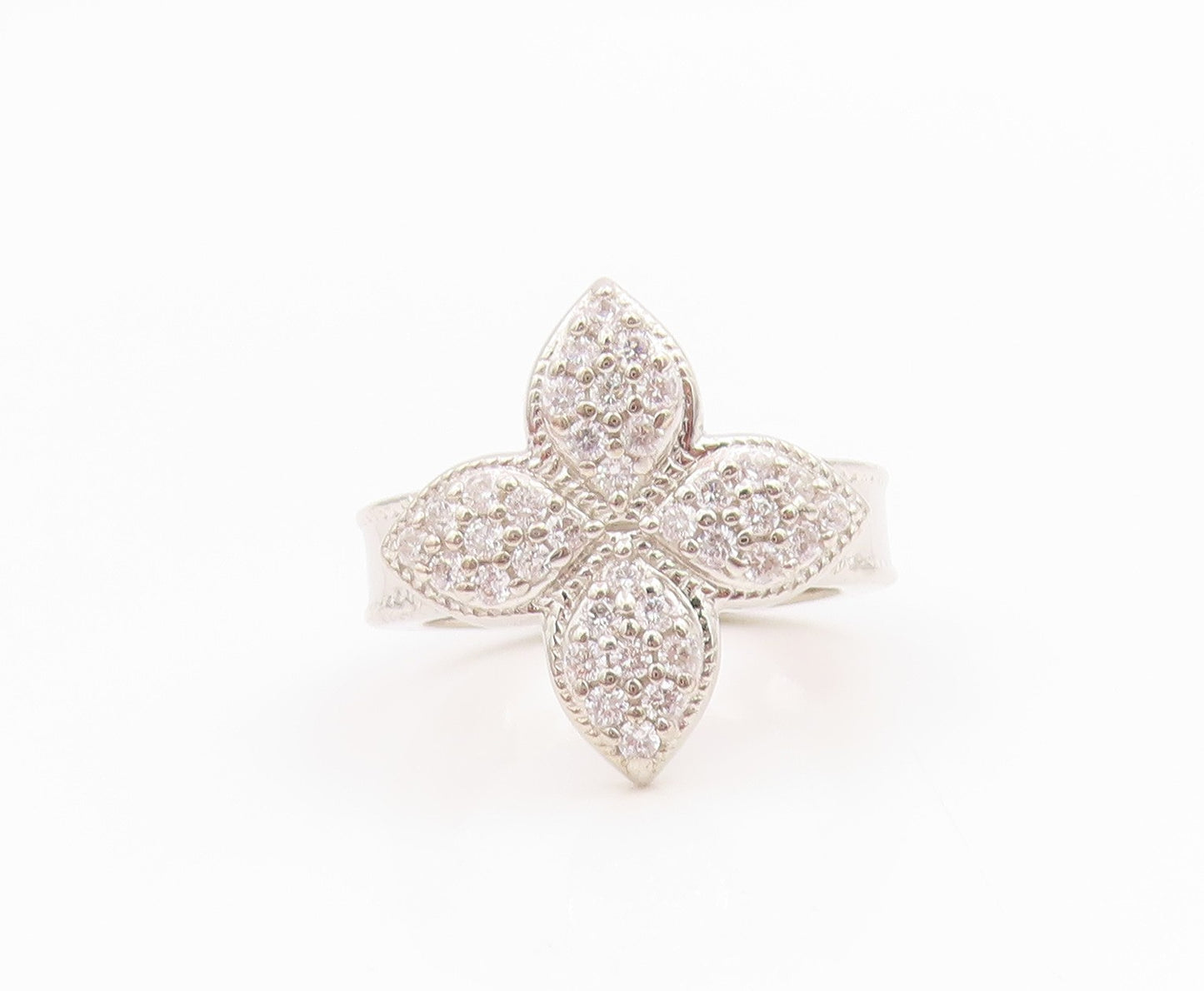925 Sterling Silver Vintage Ring Modernist CZ Floral Petal Band  Sz 5  RG35624