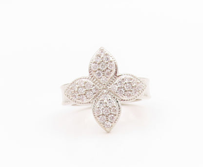 925 Sterling Silver Vintage Ring Modernist CZ Floral Petal Band  Sz 5  RG35624