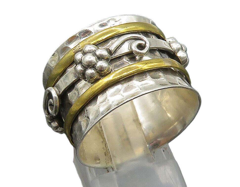 925 Sterling Silver  Vintage 2 Tone Hammered Floral Band Ring Sz 10  RG23761