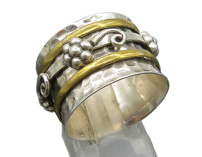 925 Sterling Silver  Vintage 2 Tone Hammered Floral Band Ring Sz 10  RG23761