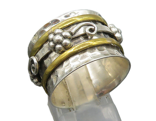 925 Sterling Silver  Vintage 2 Tone Hammered Floral Band Ring Sz 10  RG23761