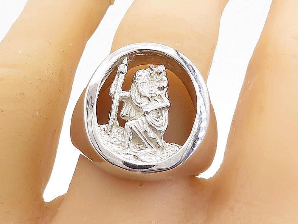 925 Sterling Silver Vintage Shiny Saint Christopher Cocktail Ring Sz 9 RG5550