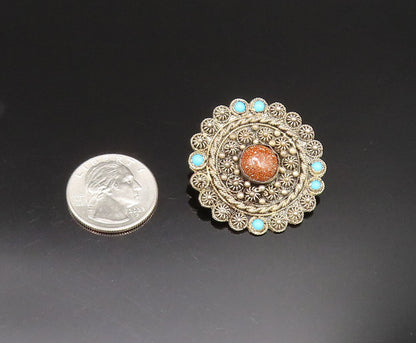 ISRAEL 925 Sterling Silver Vintage Drusy Quartz & Turquoise Brooch Pin BP9605