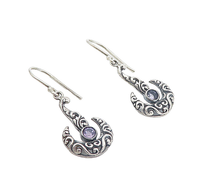 925 Sterling Silver  Vintage Petite Amethyst Swirly Dangle Earrings  EG3786