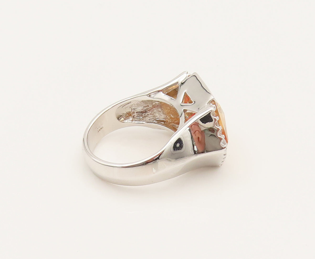 925 Silver  Vintage Hexagon Citrine & Cubic Zirconia Ring Sz 10  RG26344