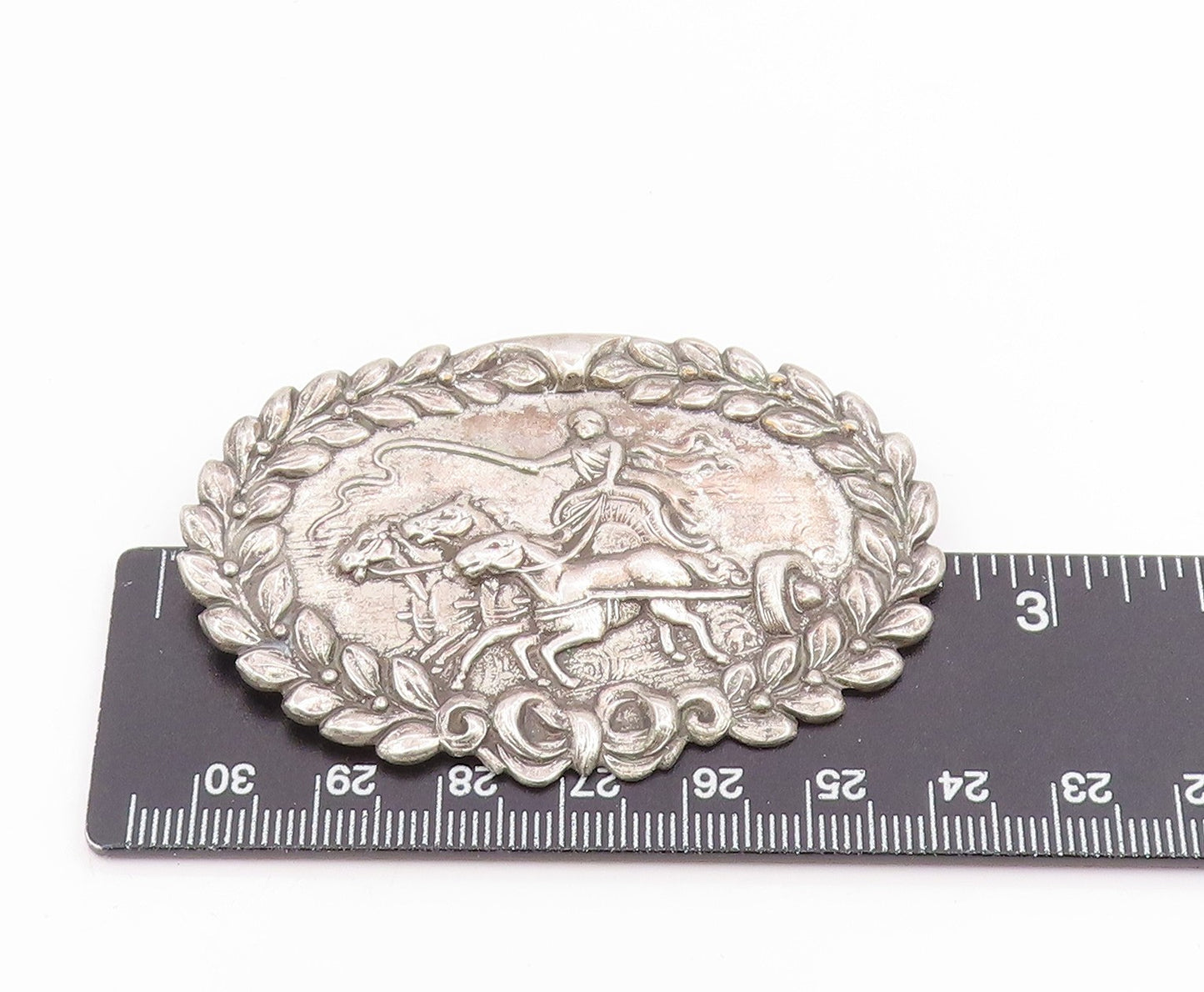 925 Sterling Silver Vintage Brooch Pin Carved Royal Charioteer & Horses  BP12390