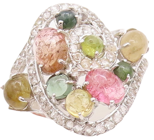 925 Sterling Silver Vintage Ring Multi Color Cabochon Gemstone & CZ Sz 8 RG29713