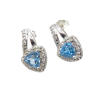 925 Sterling Silver Vintage Genuine Diamond & Blue Topaz Drop Earrings EG10652