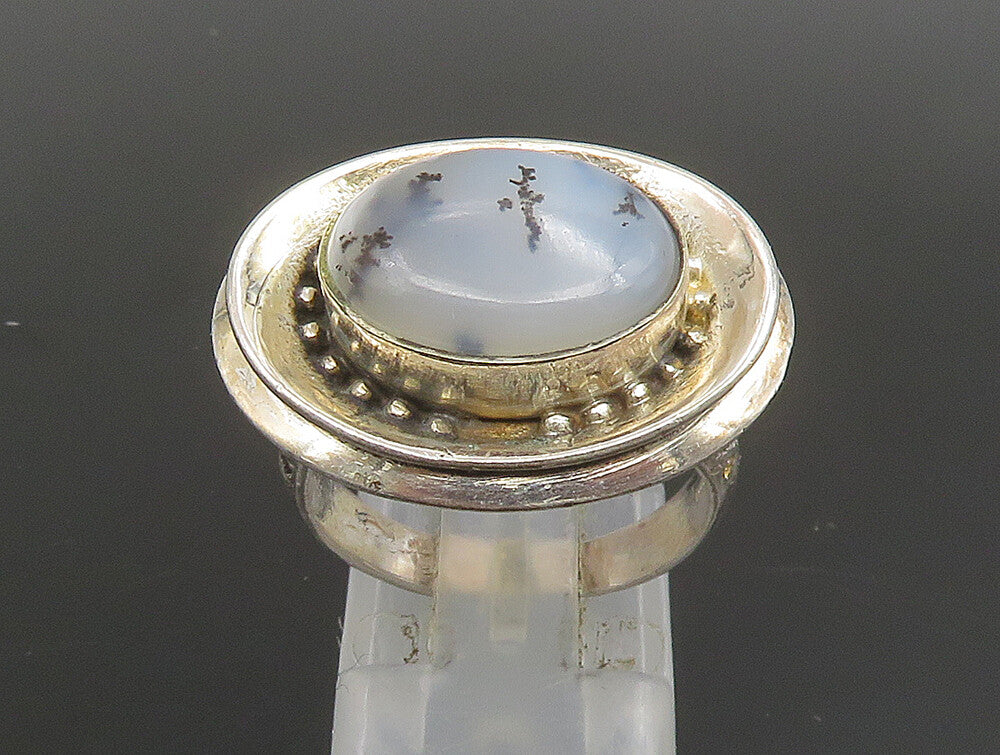 925 Silver  Vintage Unique Beaded Oval Frame Moss Agate Ring Sz 7.5  RG25344