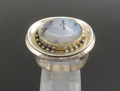 925 Silver  Vintage Unique Beaded Oval Frame Moss Agate Ring Sz 7.5  RG25344
