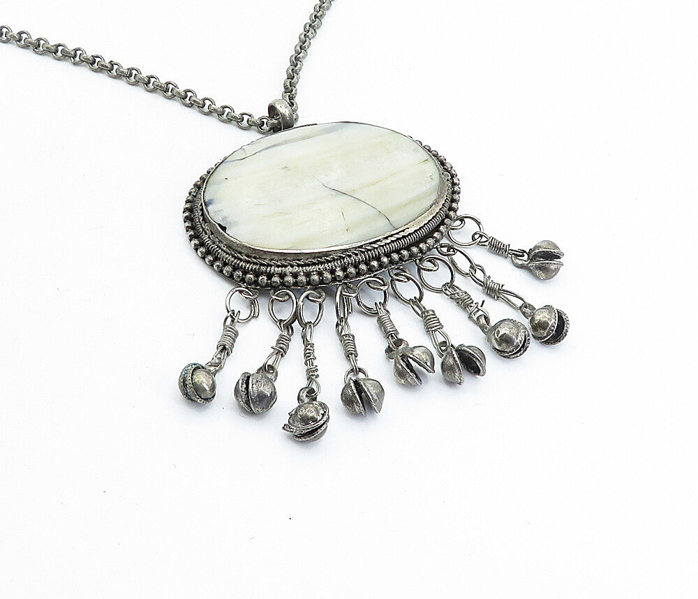 925 Sterling Silver  Vintage Antique Mother Of Pearl Chain Necklace  NE1078