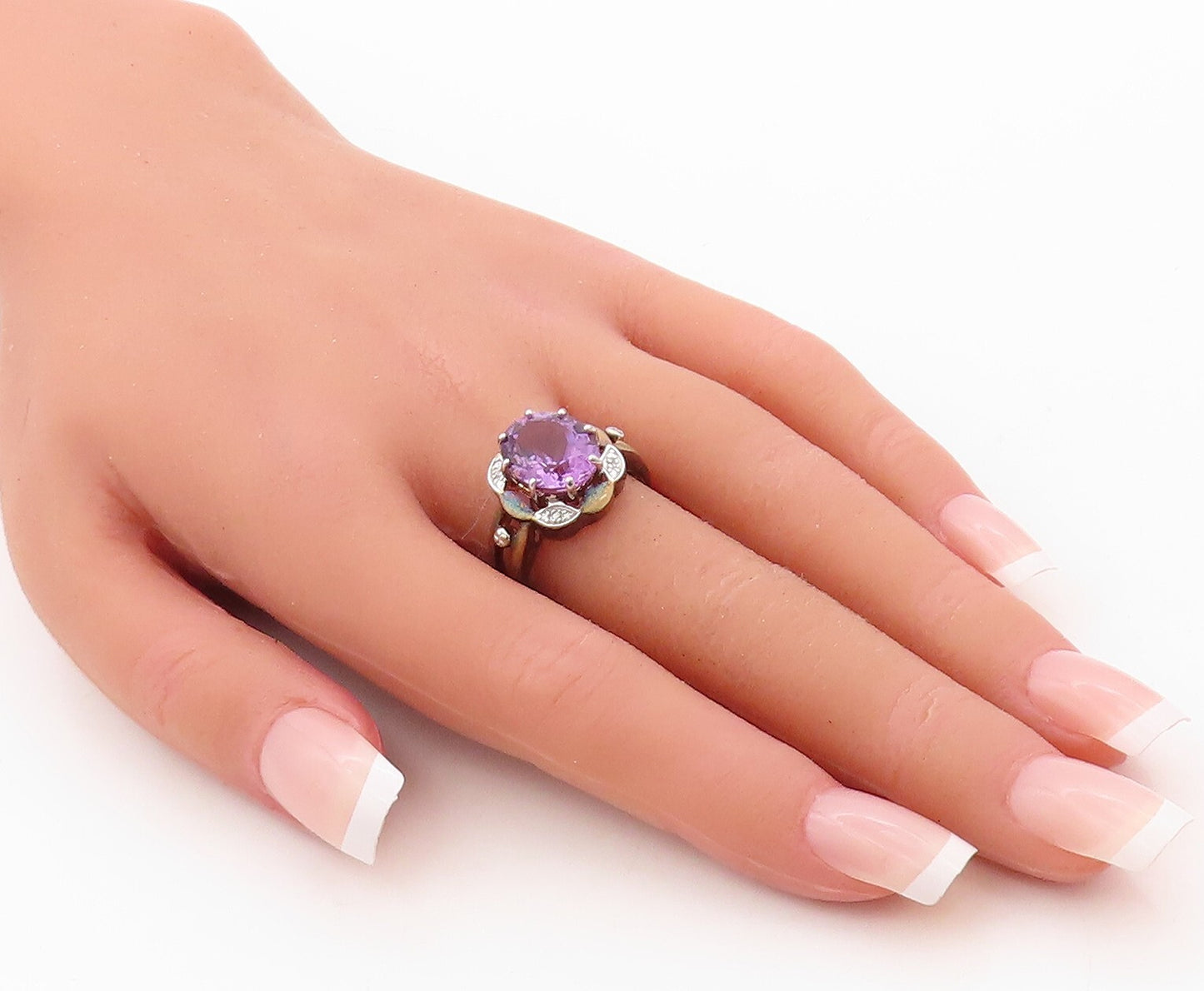 925 Sterling Silver Vintage Ring Gold Plated Amethyst & CZ Flower  Sz 8  RG30901