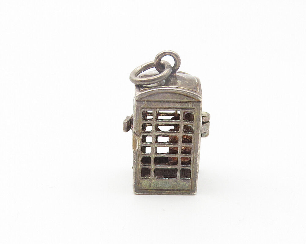 925 Sterling Silver  Vintage Dark Tone Phone Booth Pendant (OPENS)  PT8691