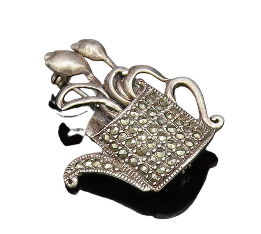 925 Sterling Silver  Vintage Floral Marcasite Watering Can Brooch Pin  BP9850