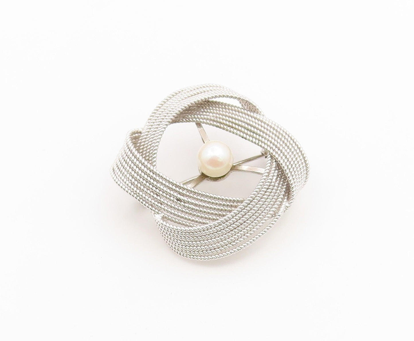 925 Sterling Silver Vintage Brooch Pin Pearl Textured Mesh Wire Swirl  BP12648