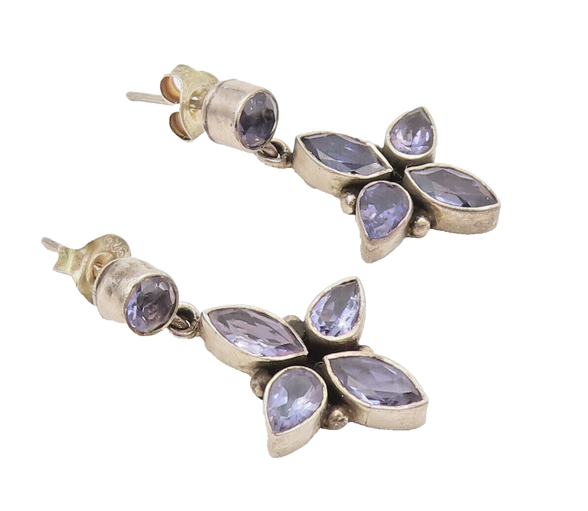 925 Sterling Silver  Vintage Purple Topaz Petal Drop Floral Earrings  EG12665