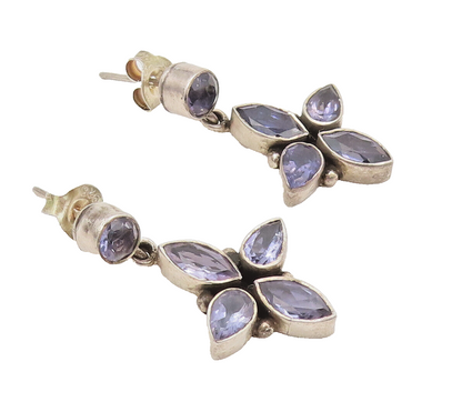 925 Sterling Silver  Vintage Purple Topaz Petal Drop Floral Earrings  EG12665