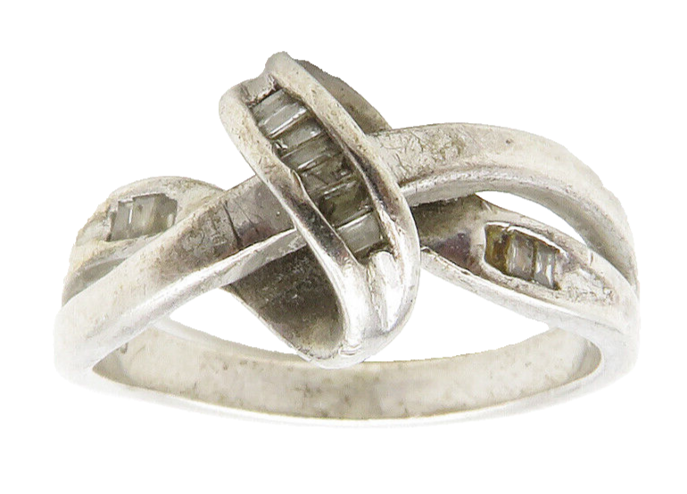 925 Sterling Silver  Vintage Genuine Diamonds Ribbon Band Ring Sz 7  RG13369