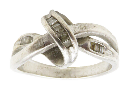 925 Sterling Silver  Vintage Genuine Diamonds Ribbon Band Ring Sz 7  RG13369