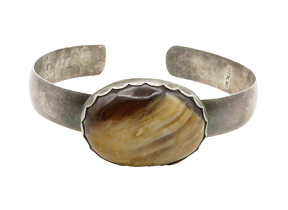 925 Sterling Silver  Vintage Cabochon Cut Brown Agate Cuff Bracelet  BT5920