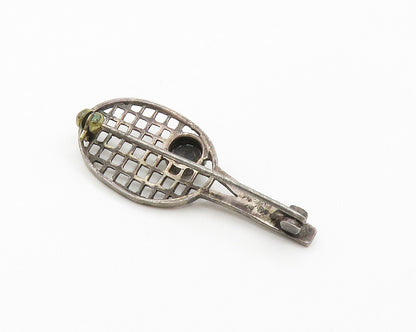 925 Sterling Silver  Vintage Black Onyx Tennis Racket Motif Brooch Pin  BP5740