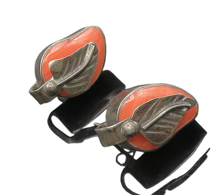 925 Sterling Silver Vintage Rhodochrosite Floral Leaf Drop Earrings EG9095