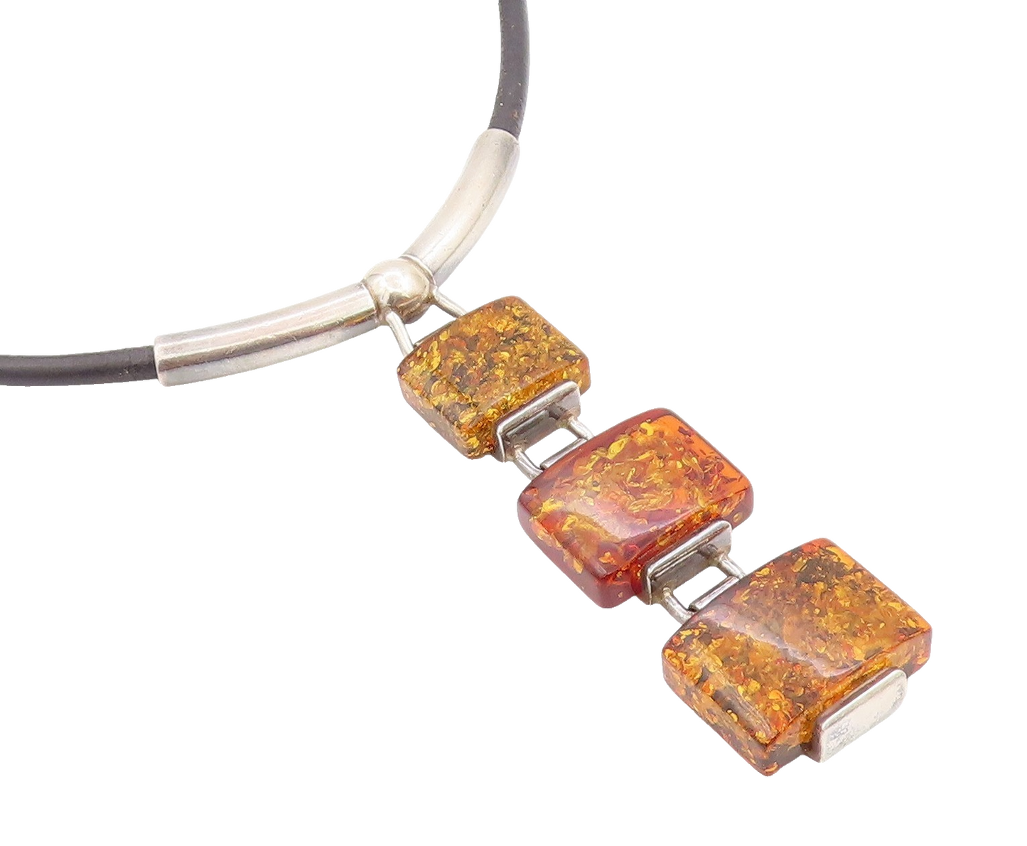 925 Sterling Silver Vintage Necklace Square Cabochon Drop Honey Amber  NE4599