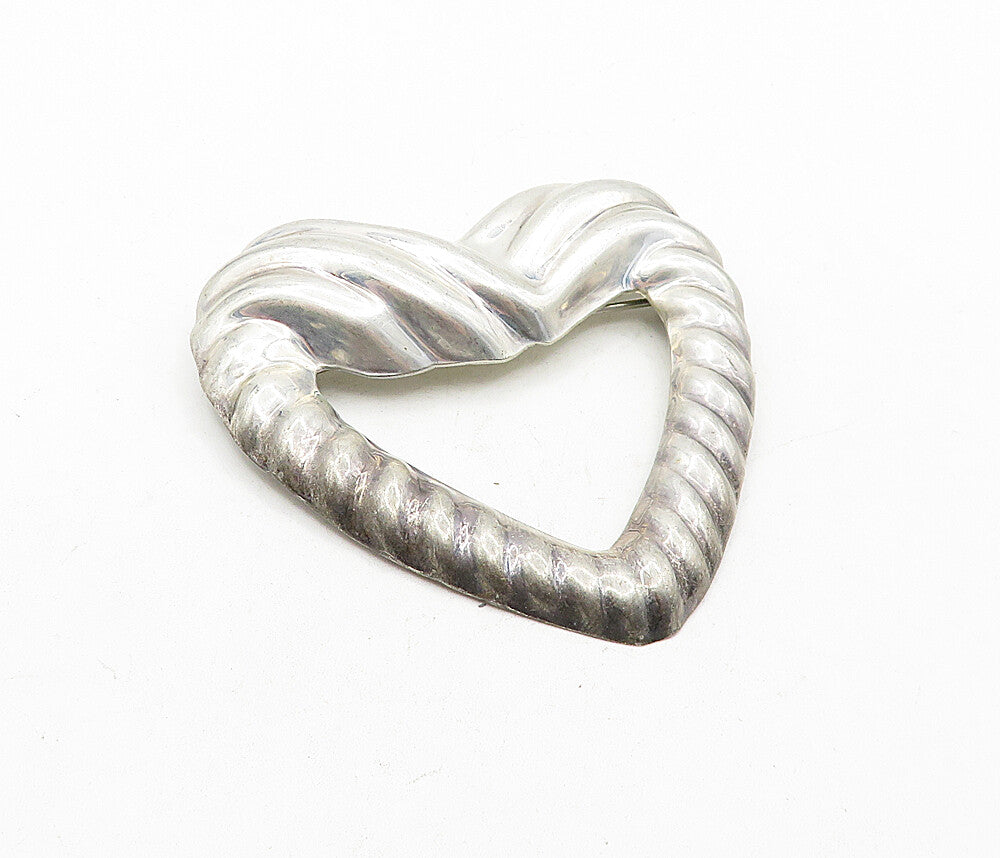MEXICO 925 Sterling Silver  Vintage Open Fluted Love Heart Brooch Pin  BP1468
