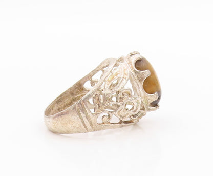 925 Sterling Silver Vintage Ring Floral Cutout Oval Tiger's Eye  Sz 11  RG33334